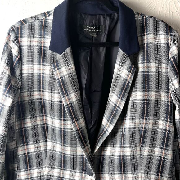 Tahari ASL Gray Navy Plaid Blazer Jacket Size 16 Preppy Clueless Old Money - Picture 4 of 9